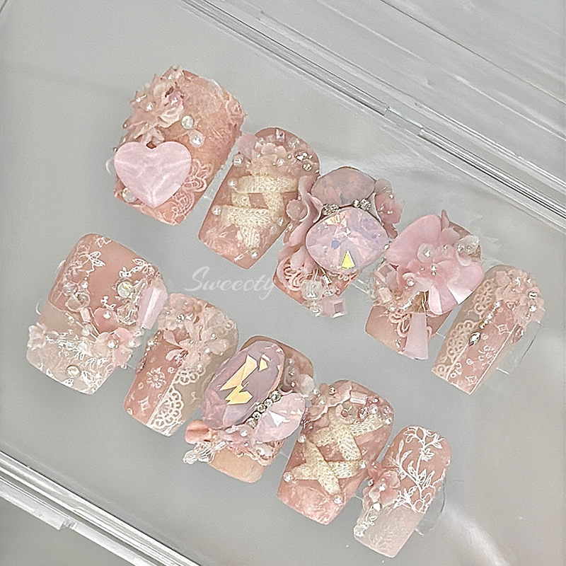 Handmade Press-On Nails – Pink Butterfly 3D Coffin Set