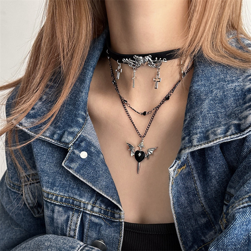 Gothic Winged Heart Choker – Layered Black Leather Punk Cross Necklace