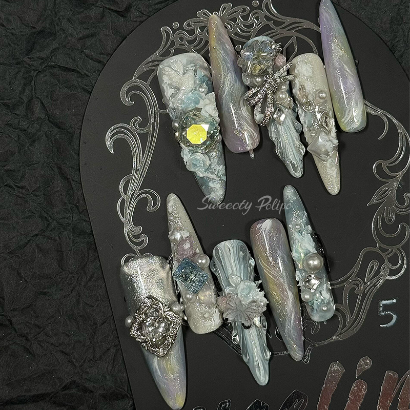 Handmade 3D Press-On Nails – Dark Gothic Vintage Gemstone6