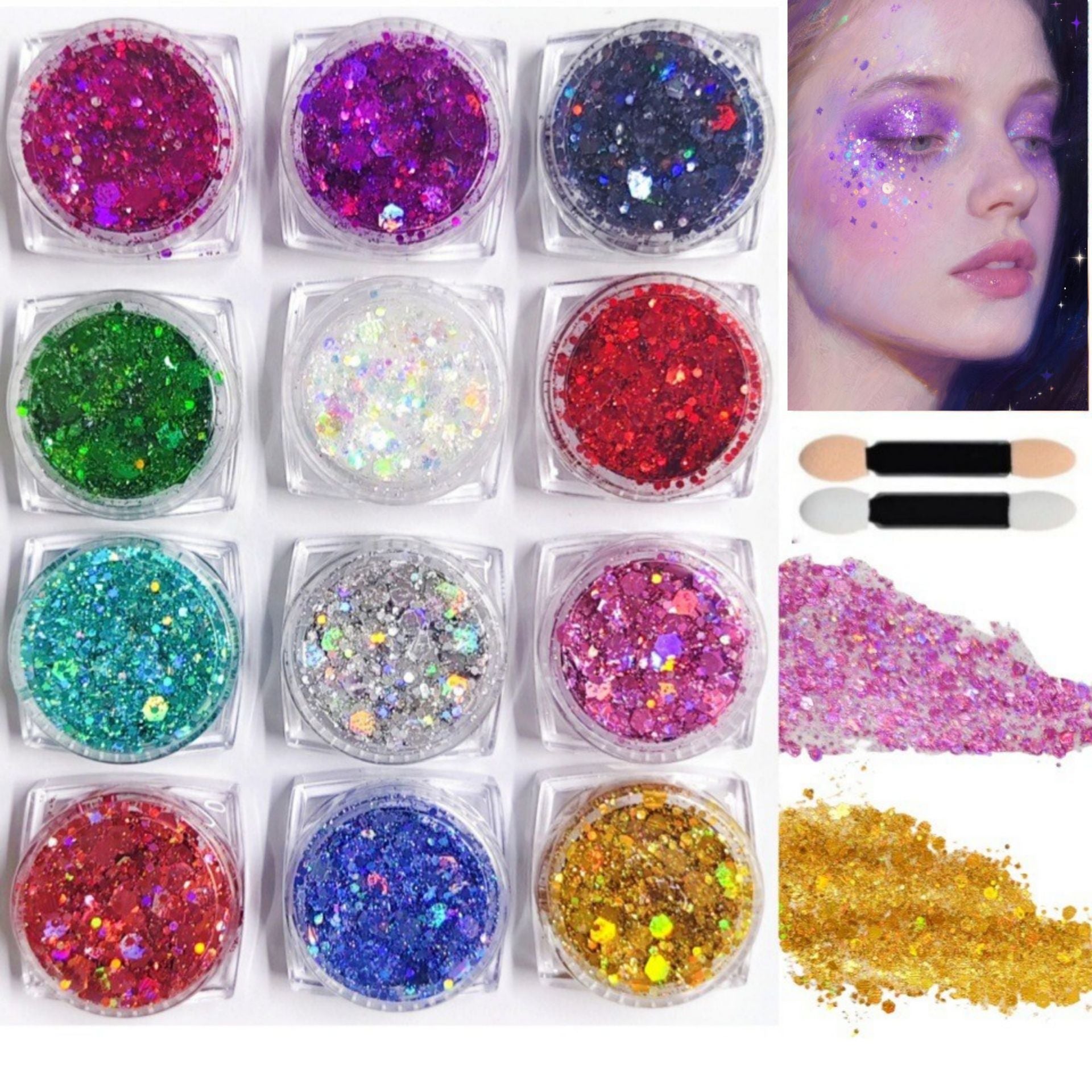 12-Color Chunky Glitter Kit - Self-Adhesive Gel Formula (No Glue Needed!) - Perfect for Rave & Festival Makeup