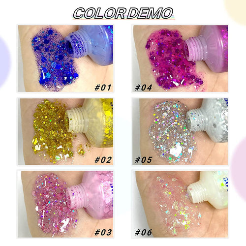 12-Color Chunky Glitter Kit - Self-Adhesive Gel Formula (No Glue Needed!) - Perfect for Rave & Festival Makeup