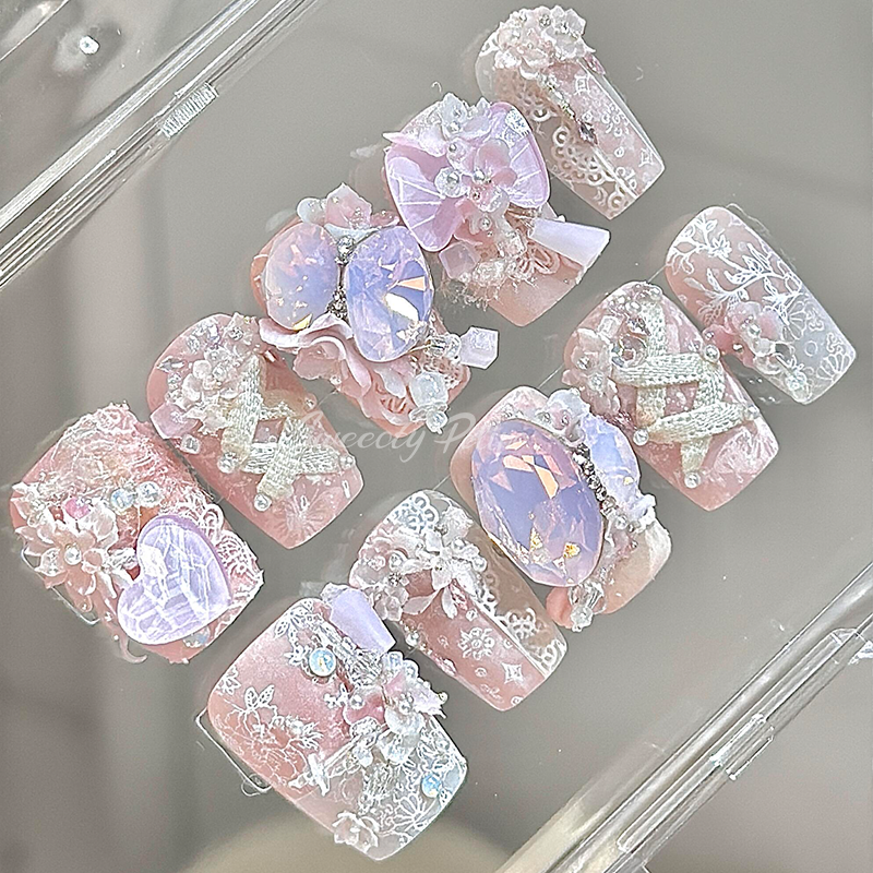 Handmade Press-On Nails – Pink Butterfly 3D Coffin Set