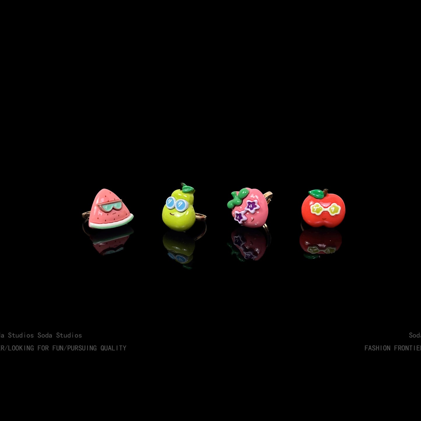 Fruit Party Adjustable Open Rings – Resin Watermelon, Strawberry, Apple & Pear Designs