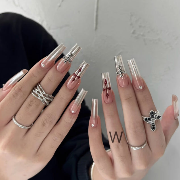 Edgy & Sweet Chrome Hearts Nails - Hand-Painted Long Stiletto Press Ons Luxury False Nails
