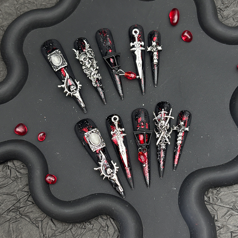 Goth Dark Stiletto Press On Nails - Handmade Devil Contract Removable Style