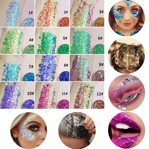 12-Color Chunky Glitter Kit - Self-Adhesive Gel Formula (No Glue Needed!) - Perfect for Rave & Festival Makeup