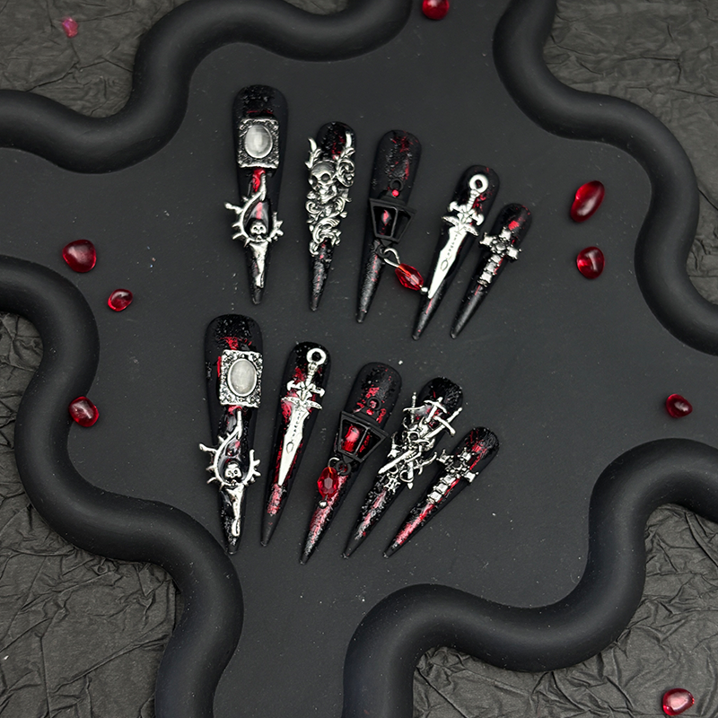 Goth Dark Stiletto Press On Nails - Handmade Devil Contract Removable Style