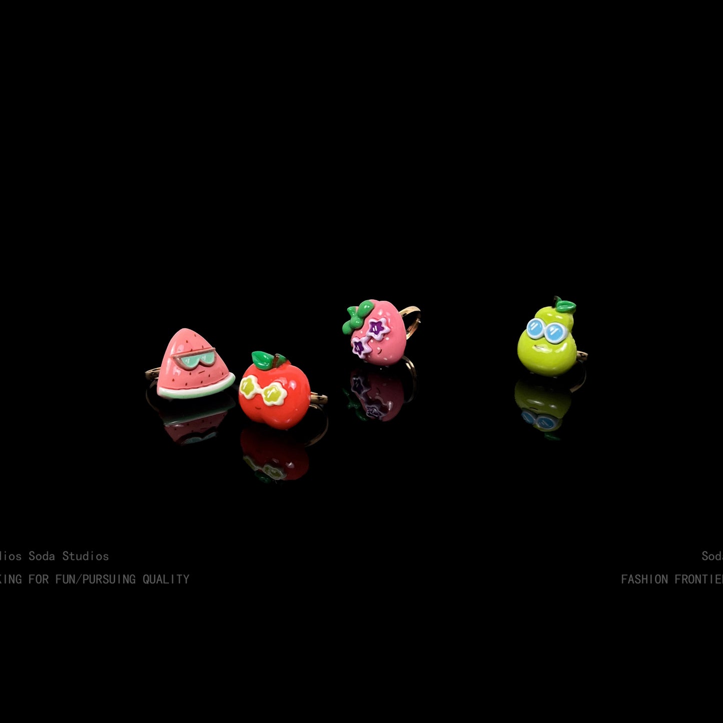 Fruit Party Adjustable Open Rings – Resin Watermelon, Strawberry, Apple & Pear Designs