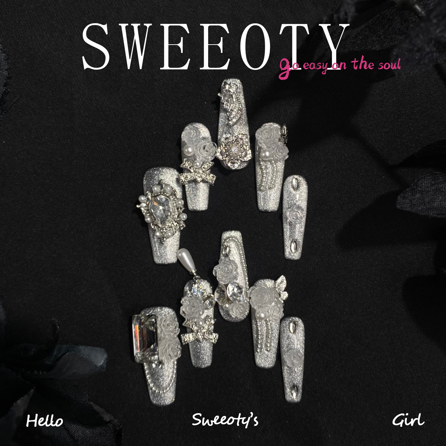 Silver Frost Rose Press-On Nails – Diamond Whisper Design