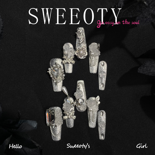 Silver Frost Rose Press-On Nails – Diamond Whisper Design