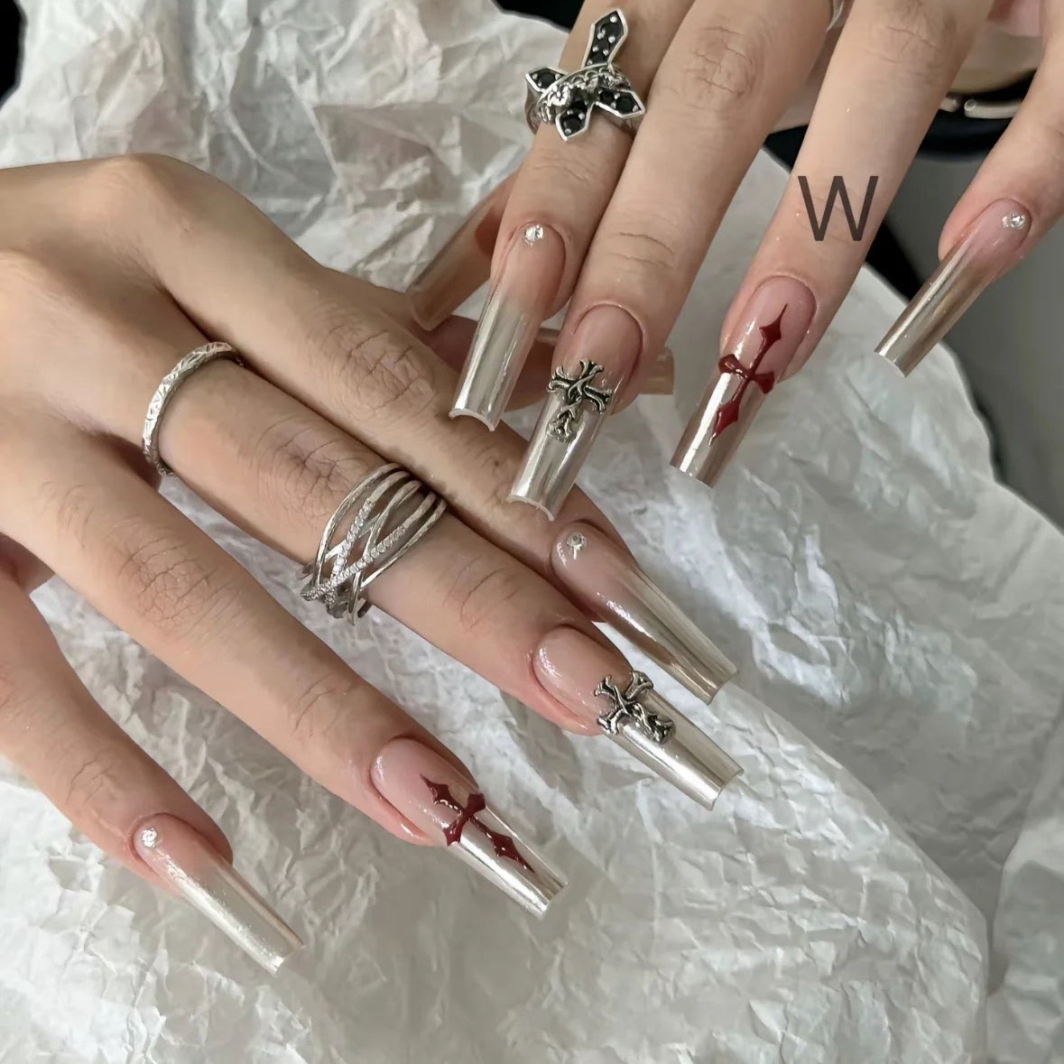 Edgy & Sweet Chrome Hearts Nails - Hand-Painted Long Stiletto Press Ons Luxury False Nails