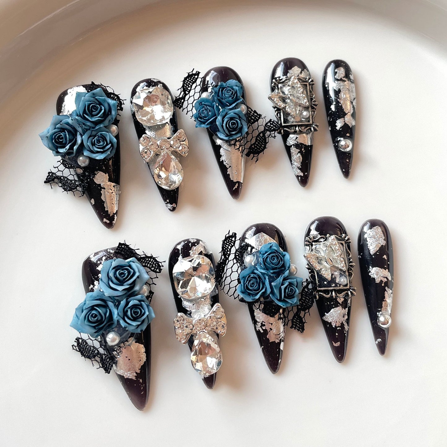 Gothic Blue Rose Press on Nail Art with Lace & Silver Foil – 3D Rhinestone Bow