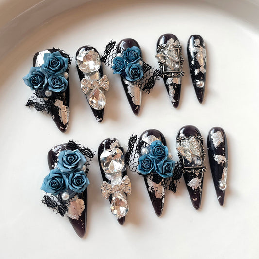 Gothic Blue Rose Press on Nail Art with Lace & Silver Foil – 3D Rhinestone Bow