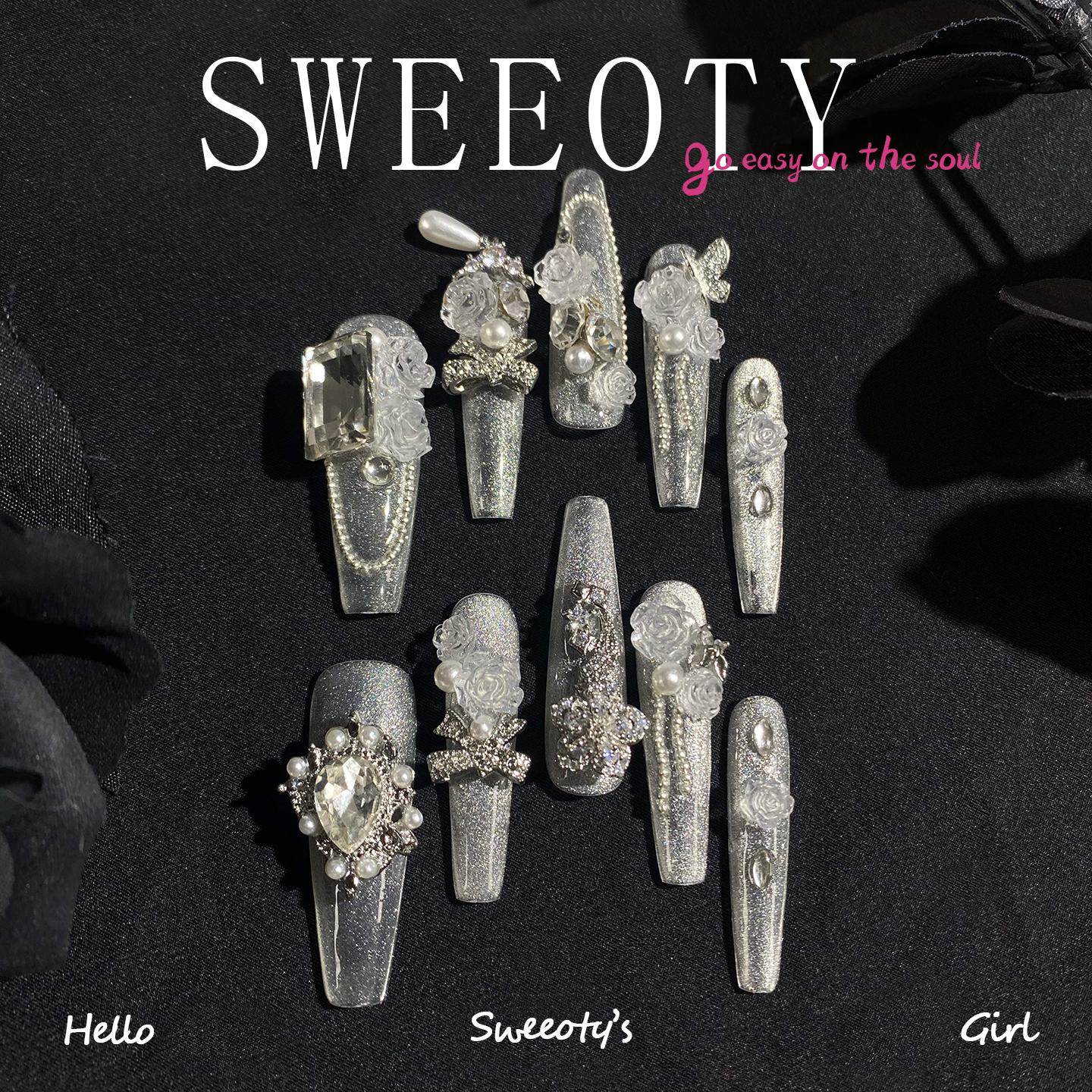 Silver Frost Rose Press-On Nails – Diamond Whisper Design