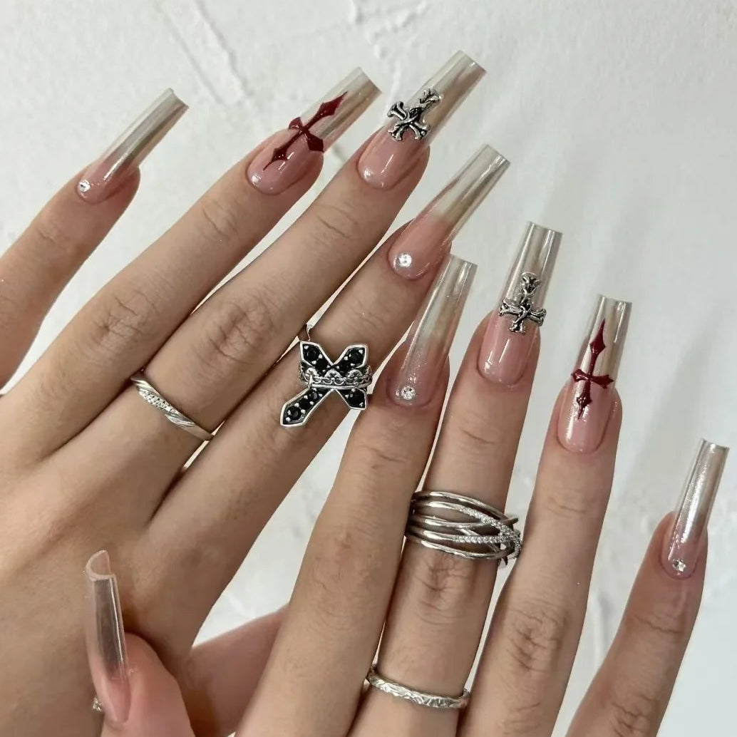 Edgy & Sweet Chrome Hearts Nails - Hand-Painted Long Stiletto Press Ons Luxury False Nails