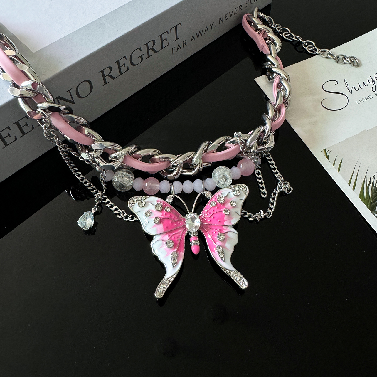 Y2K Pink Butterfly Choker Necklace – Beaded Punk Chain with Crystal Charms