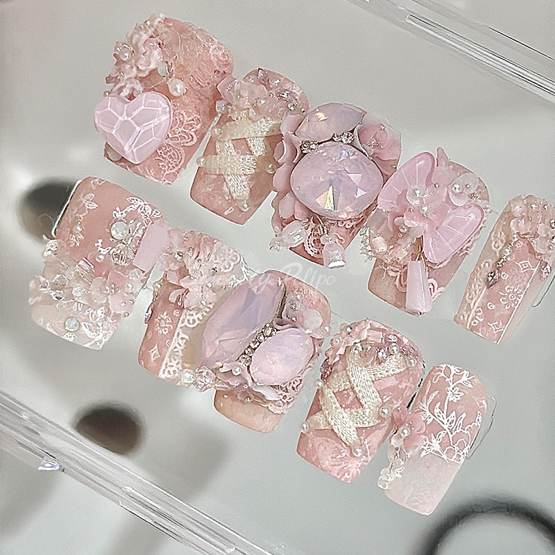 Handmade Press-On Nails – Pink Butterfly 3D Coffin Set