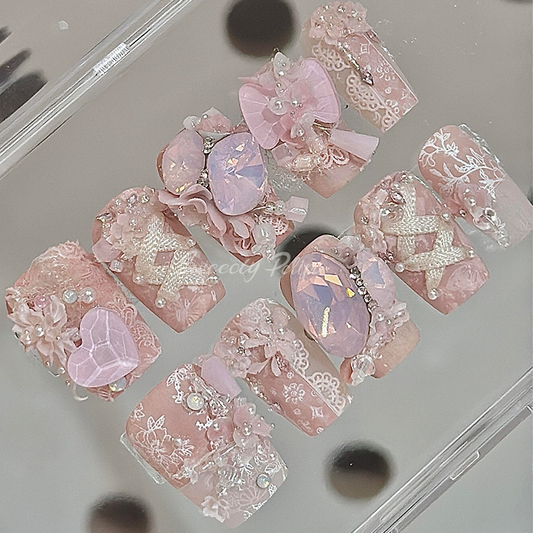 Handmade Press-On Nails – Pink Butterfly 3D Coffin Set