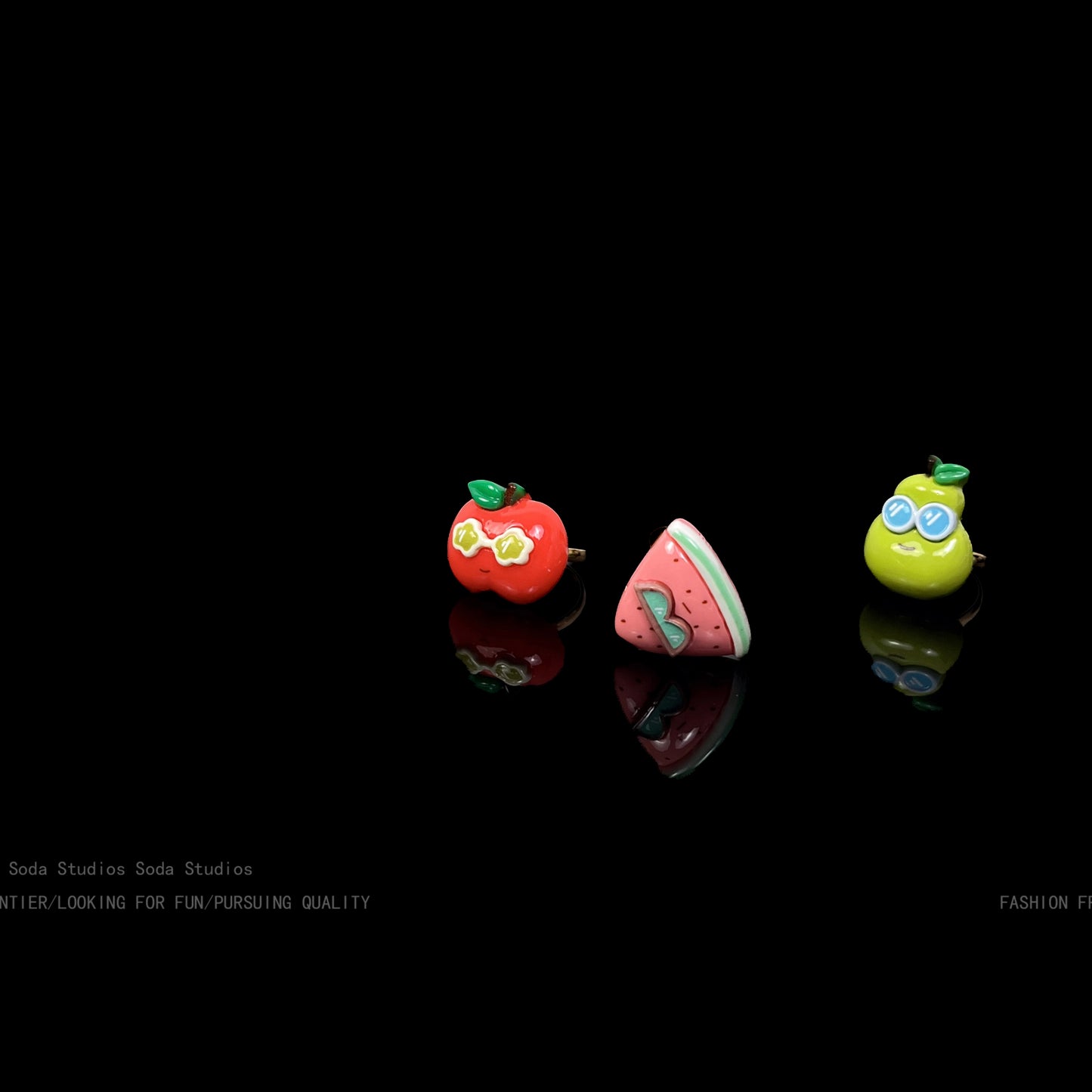 Fruit Party Adjustable Open Rings – Resin Watermelon, Strawberry, Apple & Pear Designs