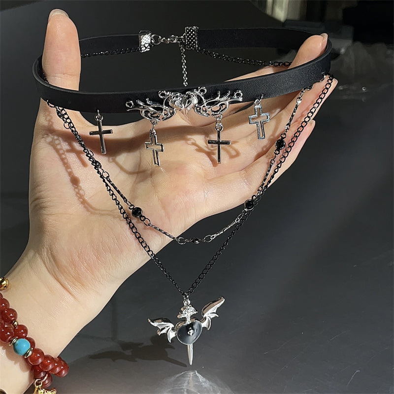 Gothic Winged Heart Choker – Layered Black Leather Punk Cross Necklace