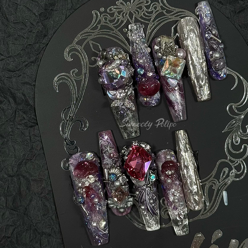 Handmade 3D Press-On Nails – Dark Gothic Vintage Gemstone
