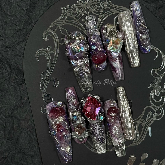 Handmade 3D Press-On Nails – Dark Gothic Vintage Gemstone