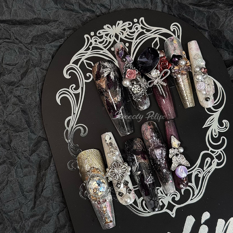 Handmade 3D Press-On Nails – Dark Gothic Vintage Gemstone1