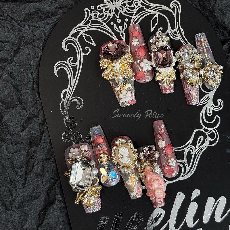Handmade 3D Press-On Nails – Dark Gothic Vintage Gemstone2
