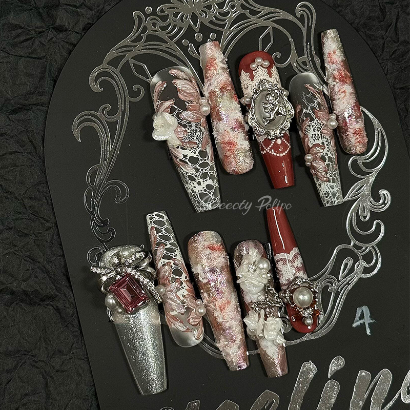 Handmade 3D Press-On Nails – Dark Gothic Vintage Gemstone3
