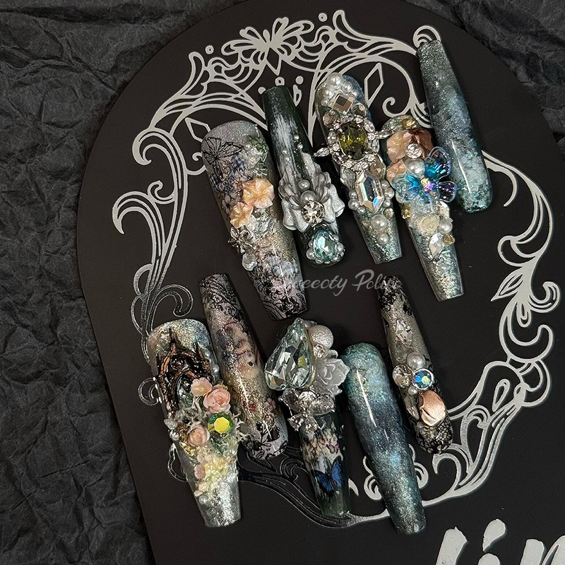 Handmade 3D Press-On Nails – Dark Gothic Vintage Gemstone5